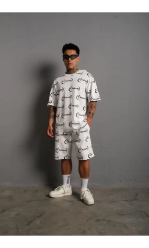 Erkek Baskılı İkili Şortlu Takım - Beyaz