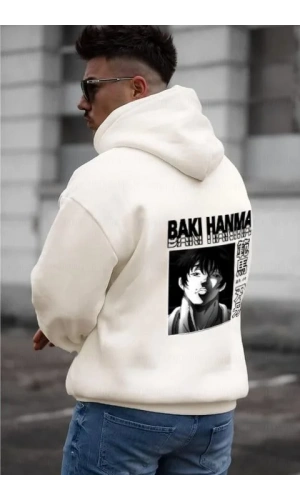 Erkek Baskılı Kapüşonlu ve Kordon İpli Sweat - Beyaz
