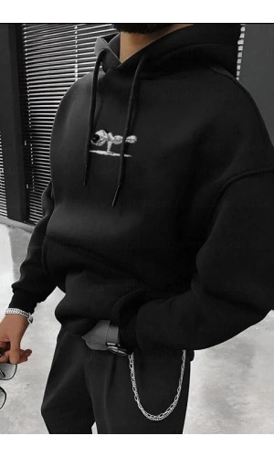 Erkek Baskılı Kapüşonlu ve Kordon İpli Sweat - Siyah