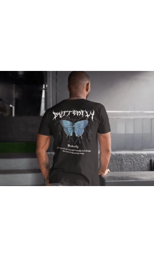 Erkek Bisiklet Yaka Baskılı Oversize T-Shirt - Siyah