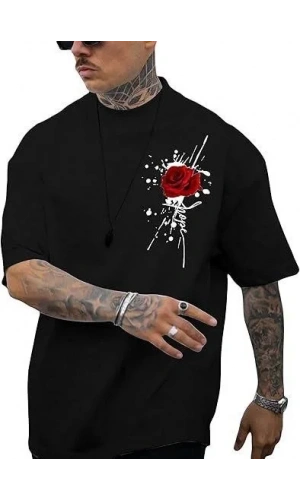 Erkek Bisiklet Yaka Kısa Kol Baskılı T-shirt - Siyah