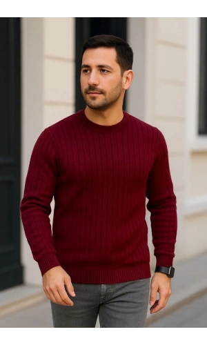 Erkek Bisiklet Yuvarlak Yaka Triko Kazak Pamuklu Kalın Fitilli Dokuma, Regular Fit Uzun Kollu Kışlık Model - Bordo