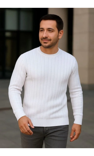 Erkek Bisiklet Yuvarlak Yaka Triko Kazak Pamuklu Kalın Fitilli Dokuma, Regular Fit Uzun Kollu Kışlık Model - Beyaz