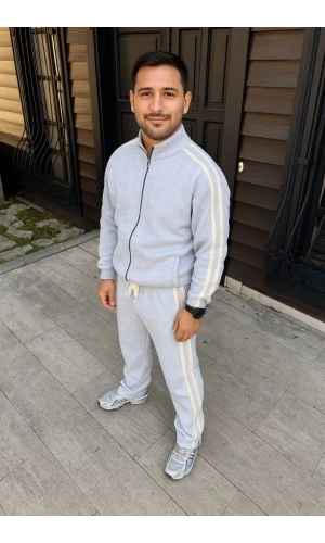 Erkek Çift Şeritli Eşofman Takım Dik Yaka Fermuarlı Sweatshirt Boru Paça Alt, Oversize 3 iplik Pamuklu - Gri