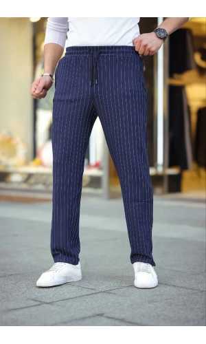Erkek Cizgili Dokuma Krep Jogger Buggy Pantalon Rahat kalıp - Lacivert