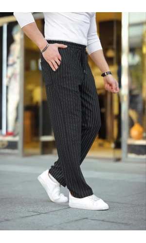 Erkek Cizgili Dokuma Krep Jogger Buggy Pantalon Rahat kalıp - Siyah