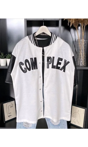 Erkek Complex Kolları Deri Kolej Oversize T-Shirt - Beyaz