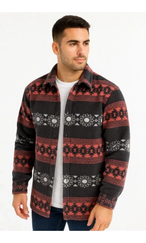 Erkek Desenli Polar Gömlek – Etnik Şerit Desen Yakalı, Uzun Kollu, Düğmeli, Oversize Rahat Kalıp - Füme