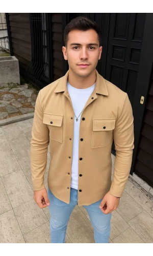 Erkek Diagonal Kumaş Cepli Çıtçıtlı uzun Kollu, Gömlek Oversize Rahat Kalıp Günlük Şık Stil - Bej