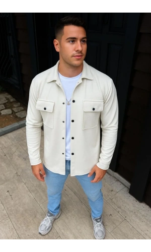Erkek Diagonal Kumaş Cepli Çıtçıtlı uzun Kollu, Gömlek Oversize Rahat Kalıp Günlük Şık Stil - Beyaz