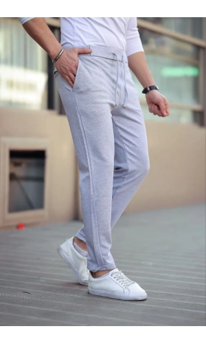 Erkek Diagonel Mikro dokulu Cepli Beli Lastilki Pantolon - Gri