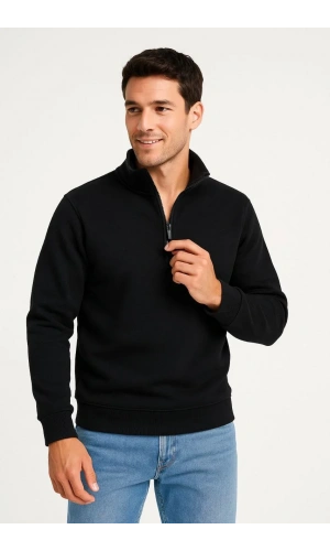 Erkek Dik Yaka Sweatshirt Dik Yaka Yarım Fermuarlı 3 İplik Şardonlu Pamuk Kumaş - Siyah