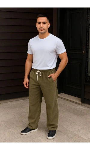 Erkek Fitilli Kadife Cepli Buggy Pantolon Oversize Rahat Kalıp - Haki