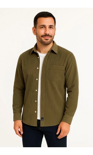 Erkek Fitilli Kadife Cepli Gömlek Oversize Rahat Kalıp - Haki