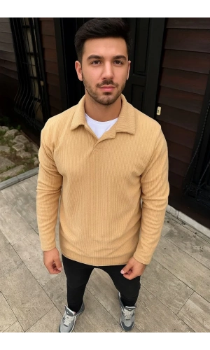 Erkek Fitilli Polar Sweatshirt – Düğmesiz Polo Yaka, Oversize Rahat Kalıp, Kalın Polar Kumaş, Kışlık ve Baharlık Şık Günlük Üst - Bej