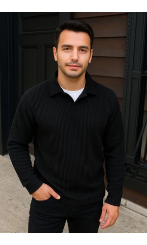 Erkek Fitilli Polar Sweatshirt – Düğmesiz Polo Yaka, Oversize Rahat Kalıp, Kalın Polar Kumaş, Kışlık ve Baharlık Şık Günlük Üst - Siyah