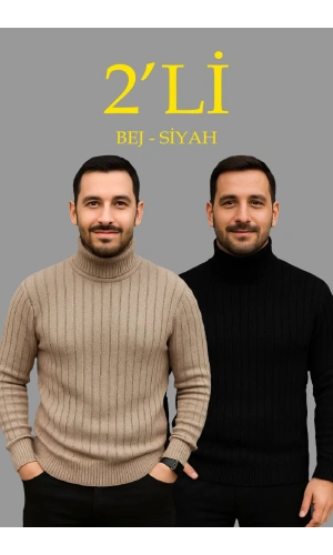 Erkek Fitilli Triko Kazak 2li Set Bej Siyah Regular Balıkcı Yaka Tam Boğazlı Triko Seti Modeli Kazak