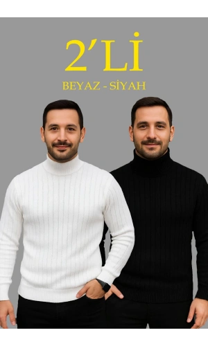 Erkek Fitilli Triko Kazak 2li Set Beyaz Siyah Regular Balıkcı Yaka Tam Boğazlı Triko Seti Modeli Kazak
