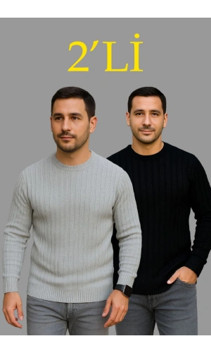 Erkek Fitilli Triko Kazak 2’li Set – Siyah & Gri, Kalın Dokuma Pamuklu Regular Fit Bisiklet Yaka Uzun Kollu Rahat Kışlık Kazak Kombini