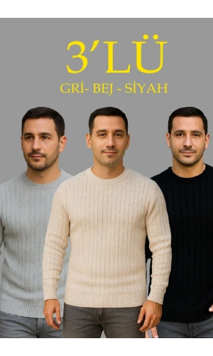 Erkek Fitilli Triko Kazak 3lü Set Bej Gri Siyah Regular Fit Bisiklet Yaka Triko Seti Kazak Modeli
