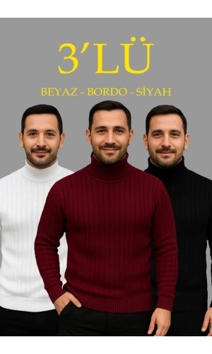 Erkek Fitilli Triko Kazak 3lÜ Set Beyaz Bordo Siyah Regular Balıkcı Yaka Tam Boğazlı Triko Seti Modeli Kazak