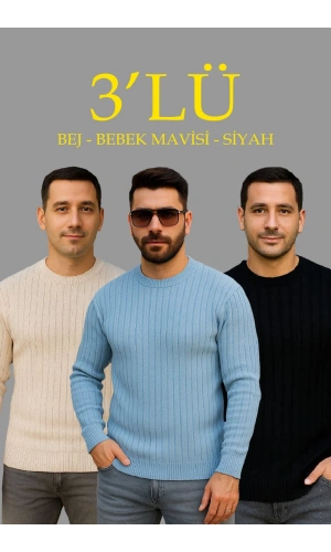 Erkek Fitilli Triko Kazak 3’lü Set – Bej, Bebek Mavisi, Siyah | Kalın Dokuma Pamuklu Regular Fit Bisiklet Yaka Uzun Kollu Kışlık ve Baharlık Rahat Triko Kombini