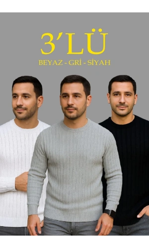 Erkek Fitilli Triko Kazak 3’lü Set – Beyaz, Gri, Siyah | Kalın Dokuma Pamuklu Regular Fit Bisiklet Yaka Uzun Kollu Kışlık ve Baharlık Rahat Triko Kombini