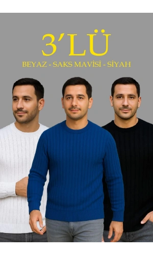 Erkek Fitilli Triko Kazak 3’lü Set – Beyaz, Saks Mavisi, Siyah | Kalın Dokuma Pamuklu Regular Fit Bisiklet Yaka Uzun Kollu Kışlık ve Baharlık Rahat Triko Kombini