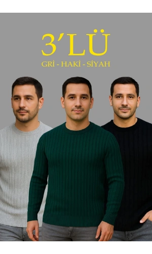 Erkek Fitilli Triko Kazak 3’lü Set – Gri, Haki, Siyah | Kalın Dokuma Pamuklu Regular Fit Bisiklet Yaka Uzun Kollu Kışlık ve Baharlık Rahat Triko Kombini