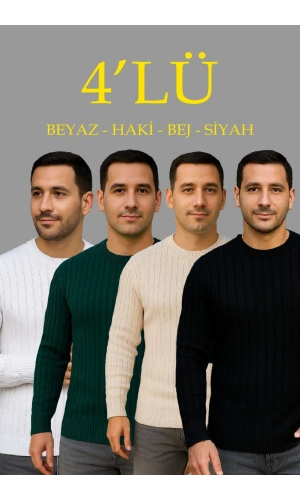 Erkek Fitilli Triko Kazak 4’lü Set – Beyaz, haki, bej, Siyah | Kalın Dokuma Pamuklu Regular Fit Bisiklet Yaka Uzun Kollu Kışlık ve Baharlık Rahat Triko Kombini