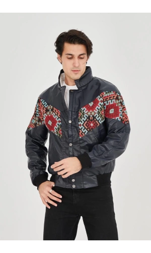 Erkek İçi Astarlı İçten Yaka Kısmı Peluşlu Suni Kumaş Vintage Ceket - Lacivert