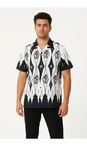 Erkek İki İplik Kumaş Dijital Baskılı Gömlek - Siyah