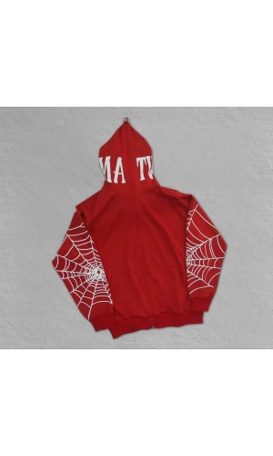Erkek İki İplik Örümcek Baskılı Oversize Hırka - Kırmızı