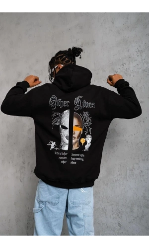 Erkek Kapşonlu Sweatshirt – Oversize Üç İplik Şardonlu Hoodie, “Other Lives” Ön & Arka Baskılı, Kanguru Cepli, Kışlık Rahat Günlük Stil - Siyah