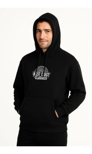 Erkek Kapşonlu Sweatshirt – Oversize Üç İplik Şardonlu Hoodie, “West Coast Classics” Ön & Arka Baskılı, Kanguru Cepli Kışlık Günlük Stil - Siyah