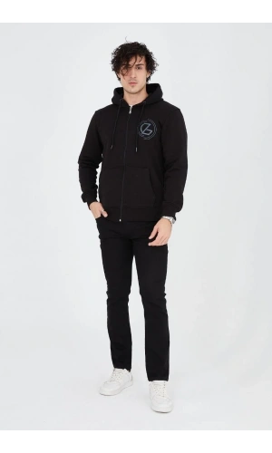Erkek Kapüşonlu Z Baskılı Fermuarlı Hırka - Siyah