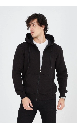 Erkek Kapüşonlu Düz Fermuarlı Hırka - Siyah
