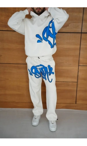 Erkek Kapüşonlu Eşofman Takım Graffiti Baskılı  Oversize Rahat Kalıp, Kanguru Cepli, Streetwear Tarzında Premium Ürün 3 iplik Pamuklu - Beyaz