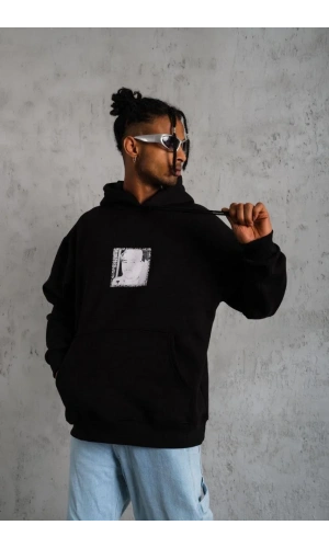 Erkek Ön Arka Baskılı Kapşonlu Sweat - Siyah