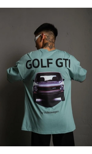 Erkek Oversize Baskılı Tişört – Golf GTI Retro Araba Desenli, Ön & Arka Dijital Baskı, Sokak Modası Stil - Mint Yeşili