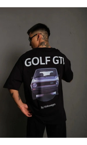 Erkek Oversize Baskılı Tişört – Golf GTI Retro Araba Desenli, Ön & Arka Dijital Baskı, Sokak Modası Stil - Siyah