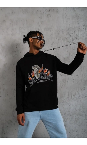 Erkek Oversize Kapüşonlu Sweatshirt – Siyah Renk Üç İplik İçi Pamuklu Kanguru Cepli Baskılı Hoodie Rahat Kalıp Kışlık Günlük Kombinlere Uygun - Siyah