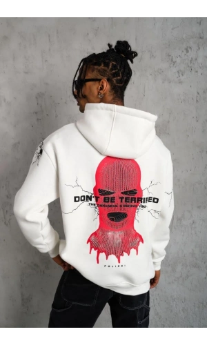 Erkek Oversize Üç İplik Kapüşonlu Sweatshirt – “Don’t Be Terrified” Ön, Sırt ve Kol Baskılı, Kanguru Cepli, Ribanalı Rahat Model - Beyaz