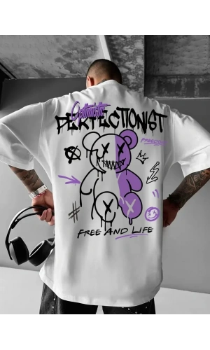Erkek OversizeGrafik Tişört CAMPBRASTCOOPERATION Kalın Yazı Bisiklet Yaka, Kısa Kol, Kalın Mor ve Siyah Desenli Yazlık Sokak Kıyafeti - Beyaz