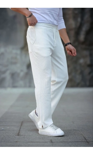 Erkek Paça Yırtmaçlı Burgu selanik dokulu Jogger Buggy Pantalon Rahat kalıp - Beyaz