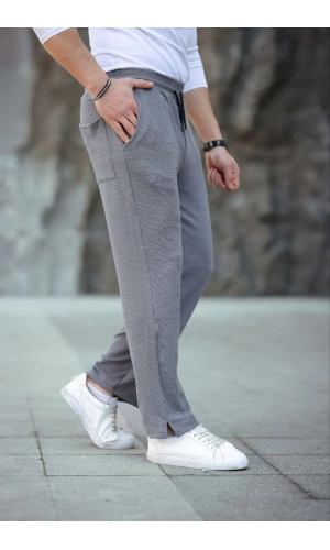 Erkek Paça Yırtmaçlı Burgu selanik dokulu Jogger Buggy Pantalon Rahat kalıp - Gri