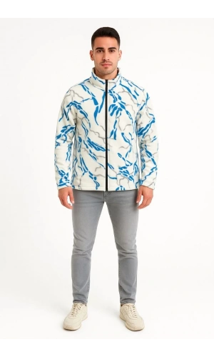 Erkek Tam Fermuarlı Desenli Polar Sweat Lightning Desen Yakalı, Uzun Kollu, Oversize Rahat Kalıp - Beyaz