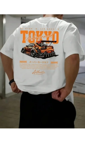 Erkek Turuncu Spor Araba Grafik Tişört - TOKYO Baskılı Günlük Oversize Kısa Kollu Tişört, Yetişkinler için Yazlık Giyim, Turuncu Araba Tasarımı - Beyaz