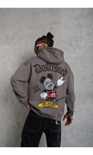 Erkek Üç İplik Baskılı Kapüşonlu Sweat - Gri