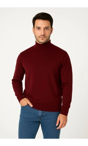 Erkek Yarım Boğaz Triko Kazak yumuşak dokulu Pamuklu ince Dokuma, uzun kollu Rahat Regular kalıp - Bordo